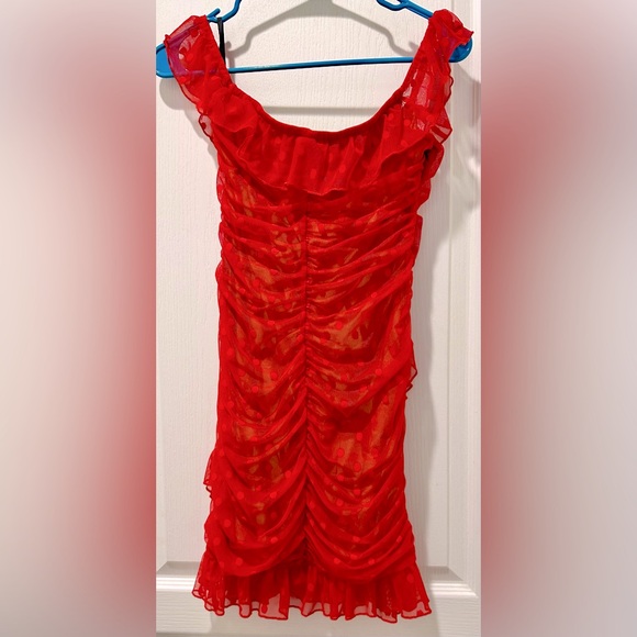 Majorelle Off Shoulder Bandit Mini Dress in Red Swiss Dot TB5